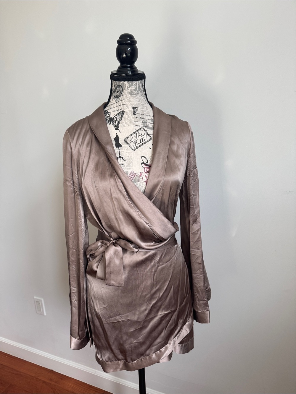 Kiki De Montparnasse Satin Wrap Robe in Taupe - Classic Lounge Wrap